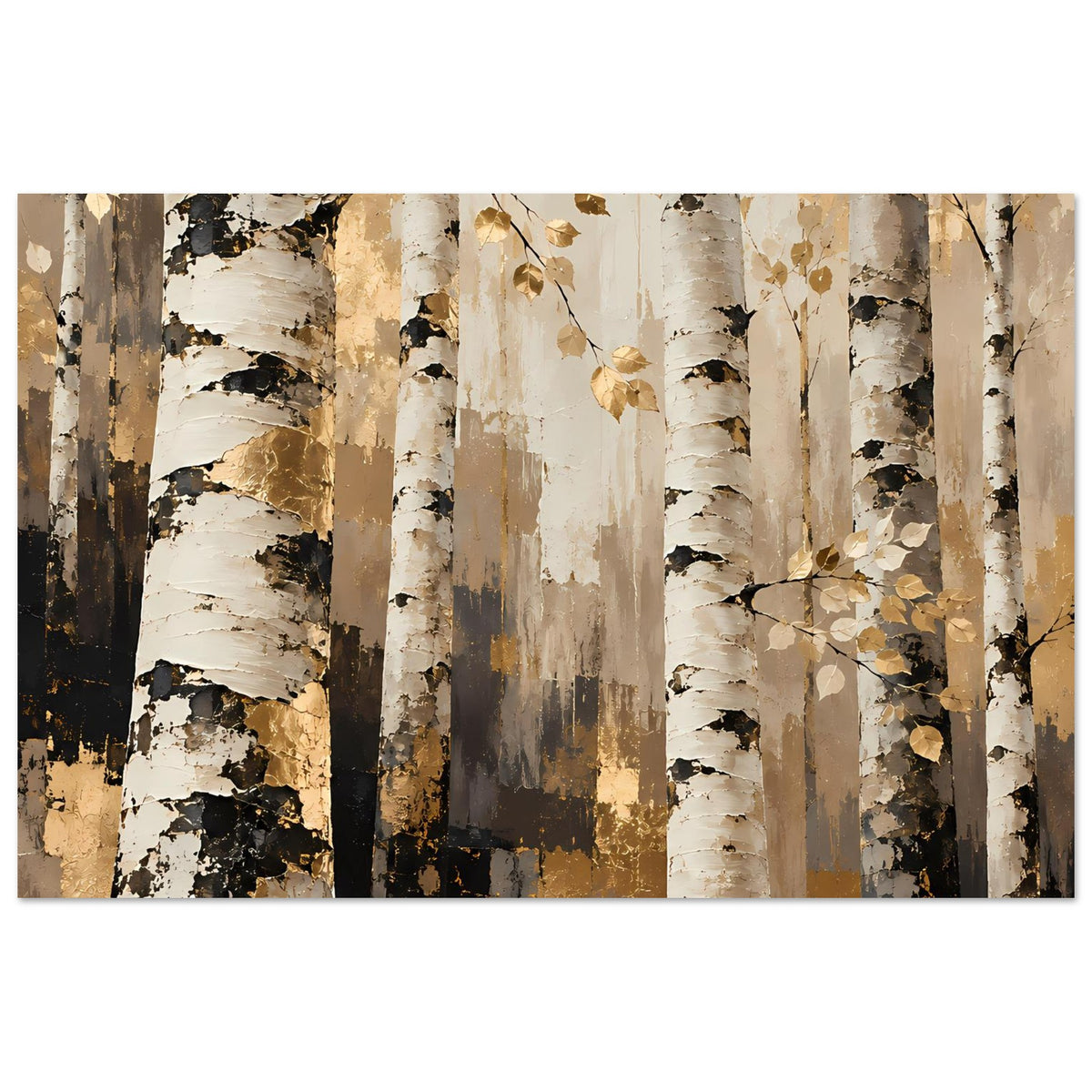 Naturposter mit Birkenwald-Motiv: vertikale Stämme, goldene Blätter und dunkle Akzente