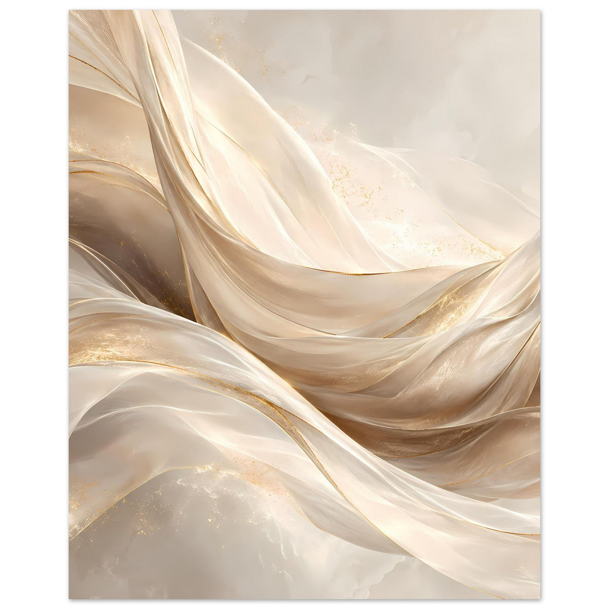 Leinwand-Poster mit abstrakten, schimmernden Stofffalten in Creme und Gold, hochformatig