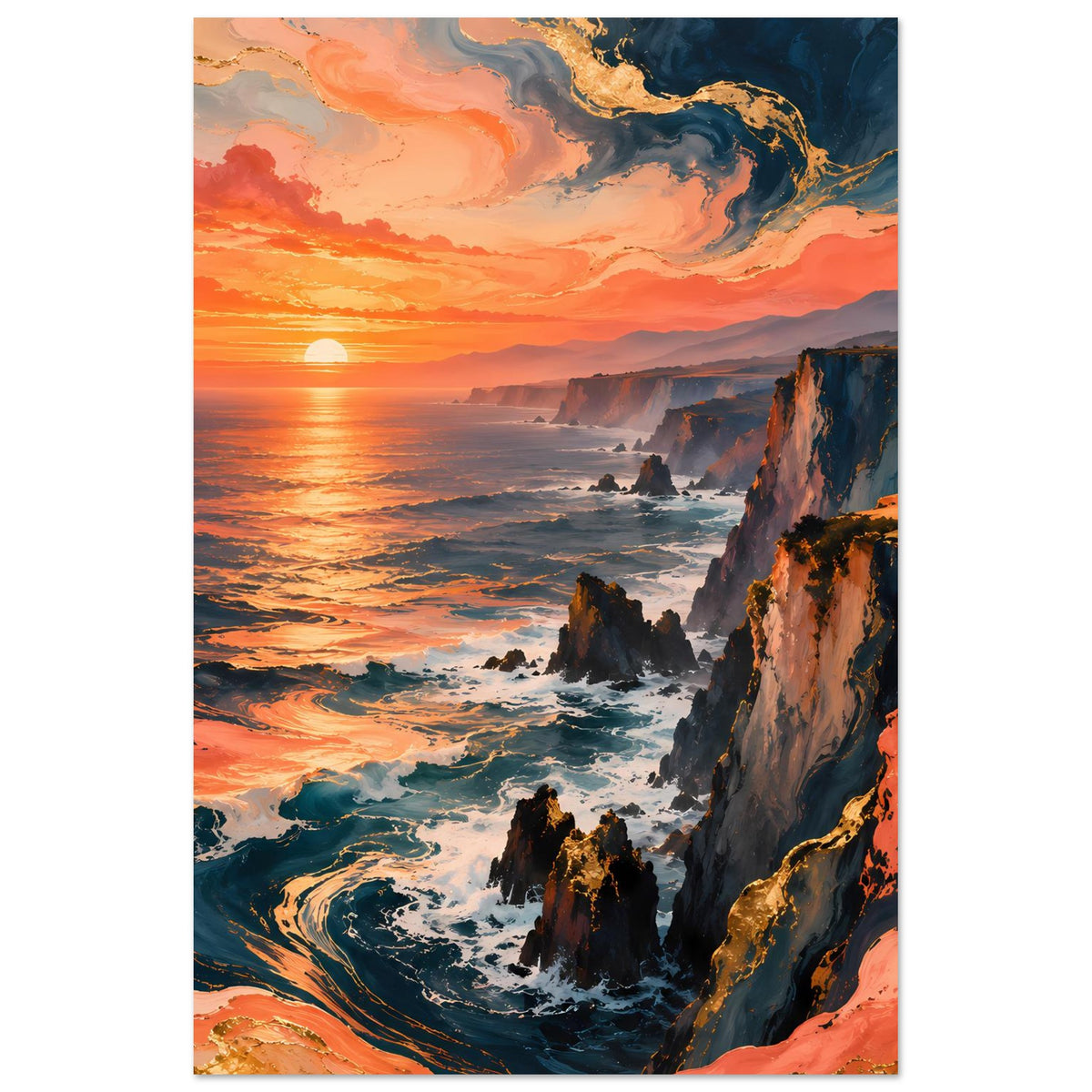 Hochformat-Poster: Sonnenuntergang an Küstenklippen über dem Meer, orange und blau