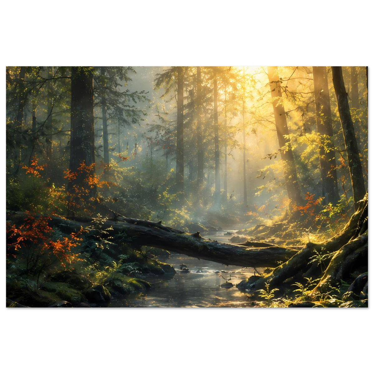 Poster im Querformat mit Bach zwischen Felsen, Waldnebel und goldenem Licht