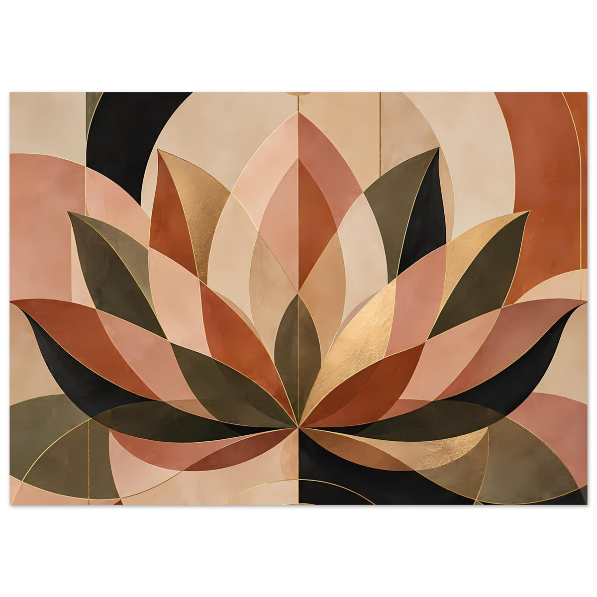 Gerahmtes Lotus-Geometrieposter in Beige, Terrakotta, Oliv und Goldakzenten, querformat