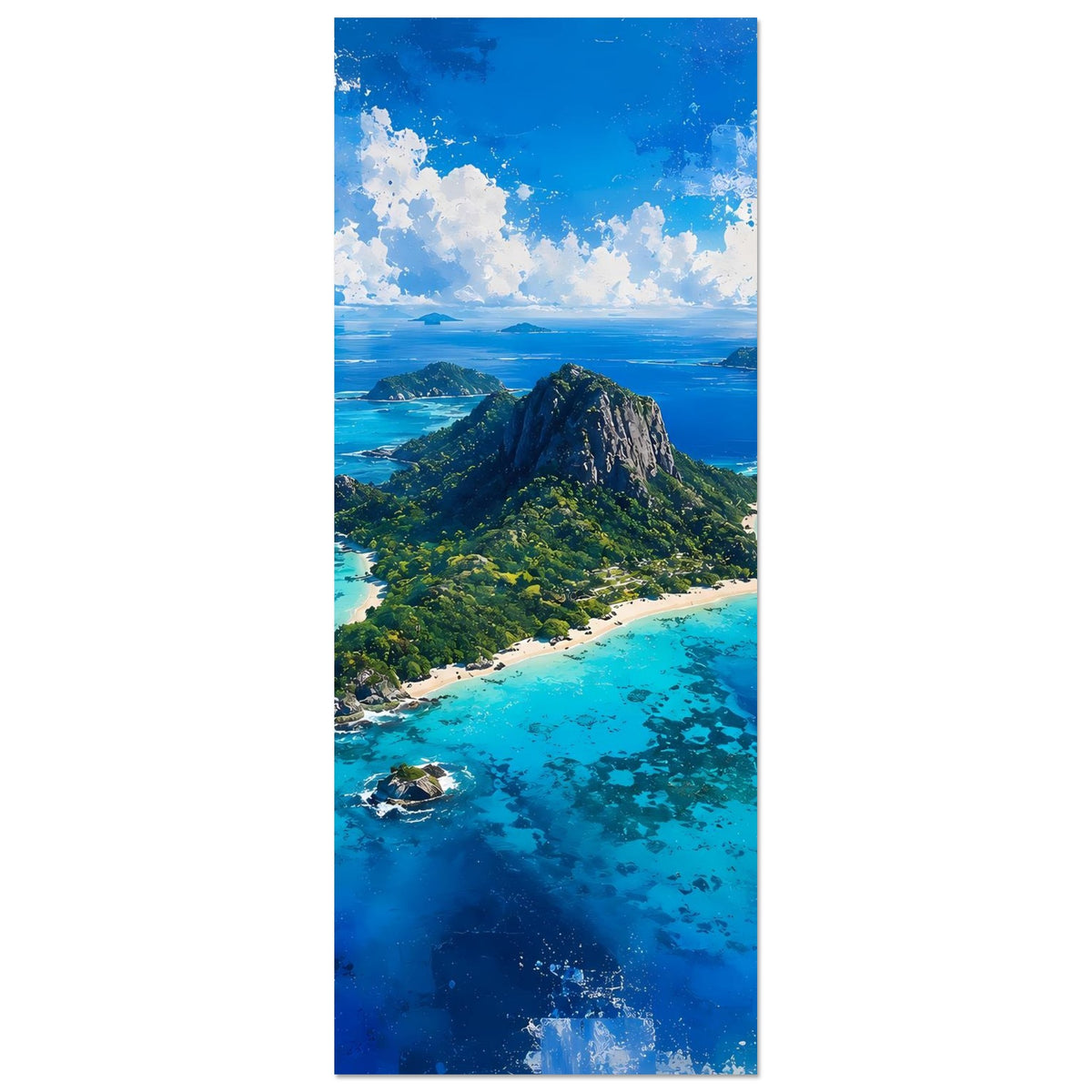Hochformatiges Poster mit tropischer Insel, Felsberg und türkisfarbenem Meer mit Stränden