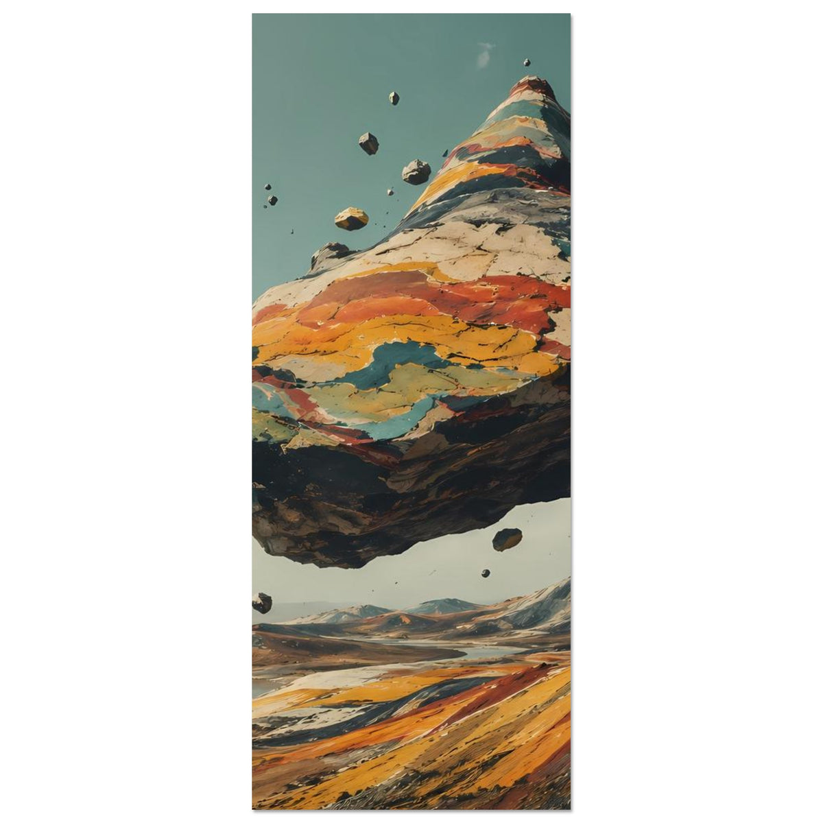 Vertikales Poster mit schwebendem Berg, roten/gelben Gesteinspuren und blauer Vertiefung