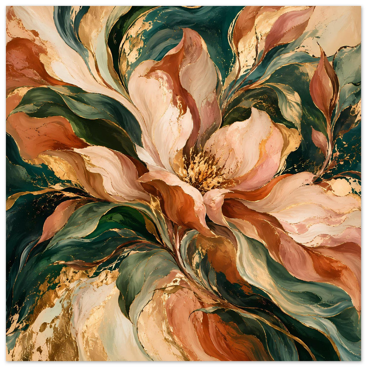 Blumenposter mit Pfingstrosenblüten und grünen Blättern in warmem Apricot- und Braunschimmer