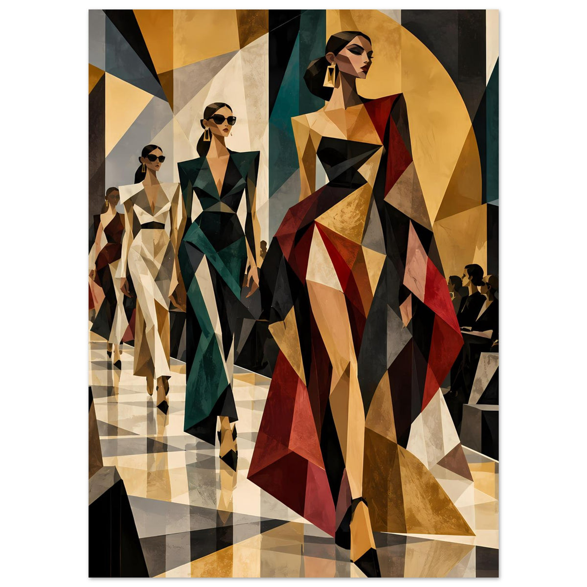 Fashion-Poster mit vorderer Model-Silhouette und Hintergrundmodellen im geometrischen Muster