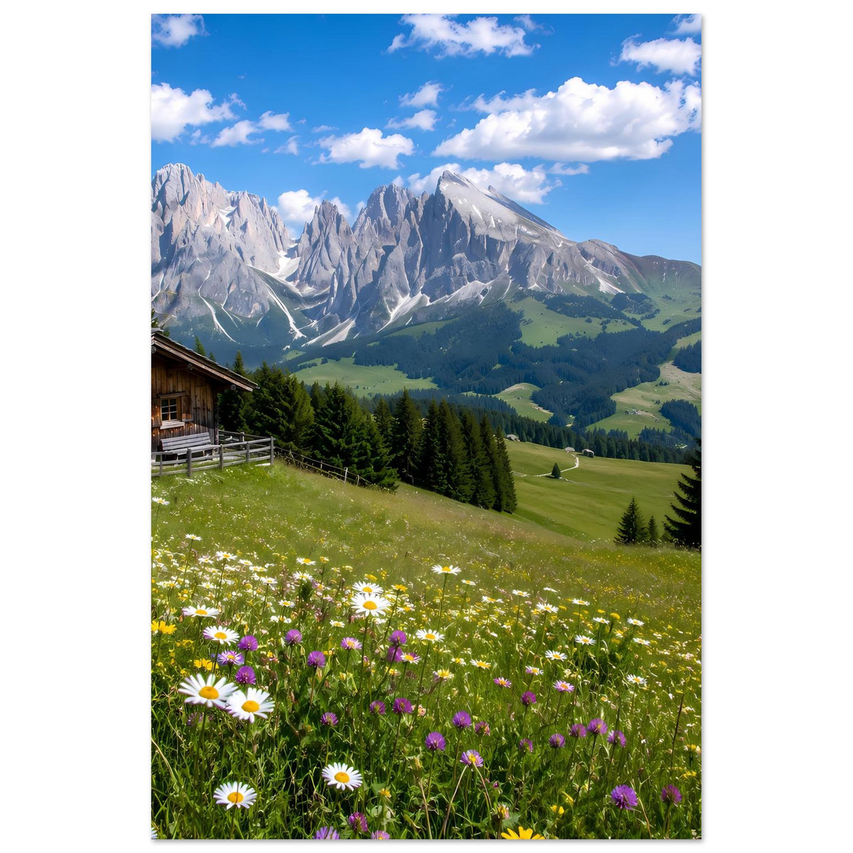 Hochformat-Poster mit Alpenlandschaft, Blumenfeld, Tannen und Berggipfeln