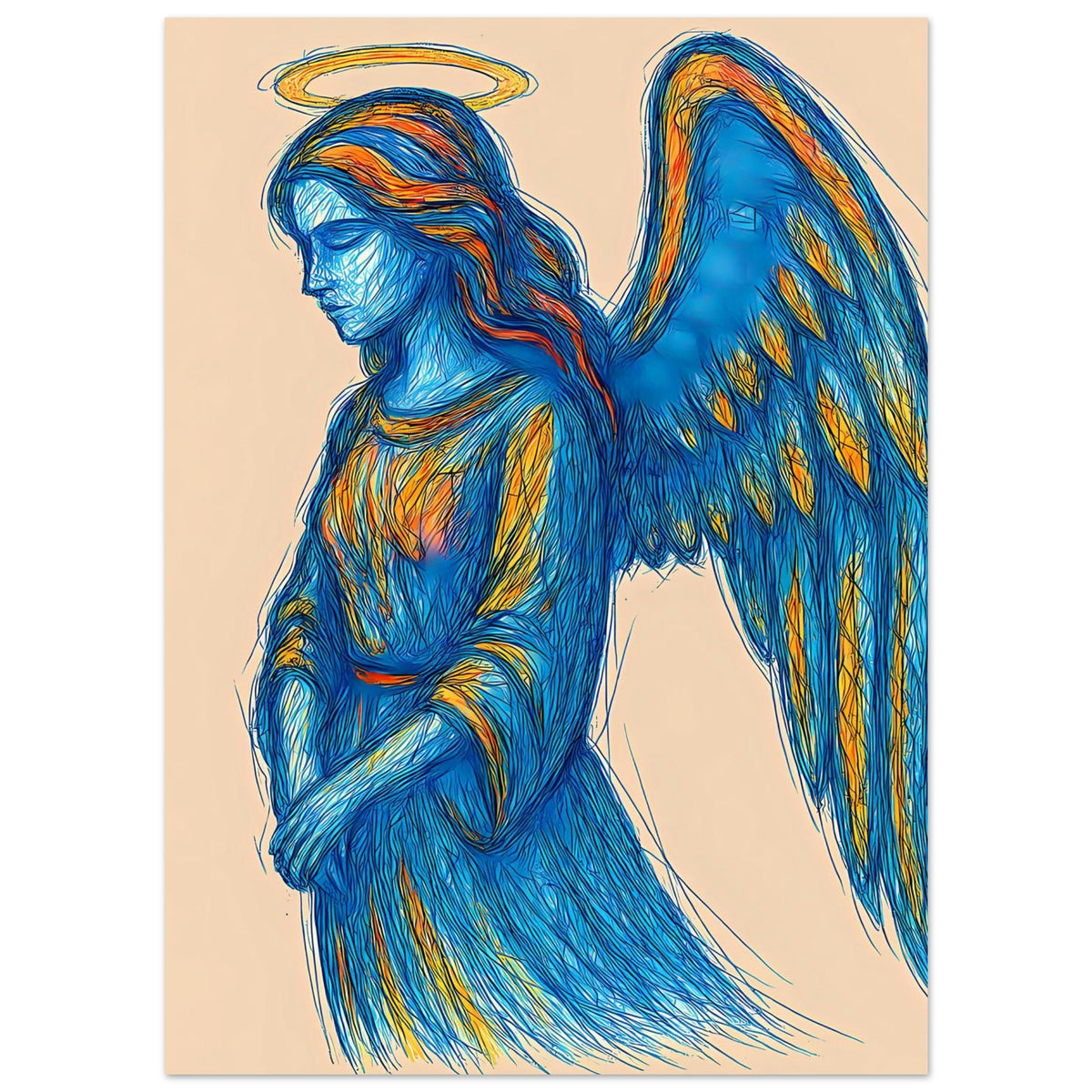 Poster mit Engel in Blau und gelb-orangen Akzenten, große Flügel, goldener Heiligenschein