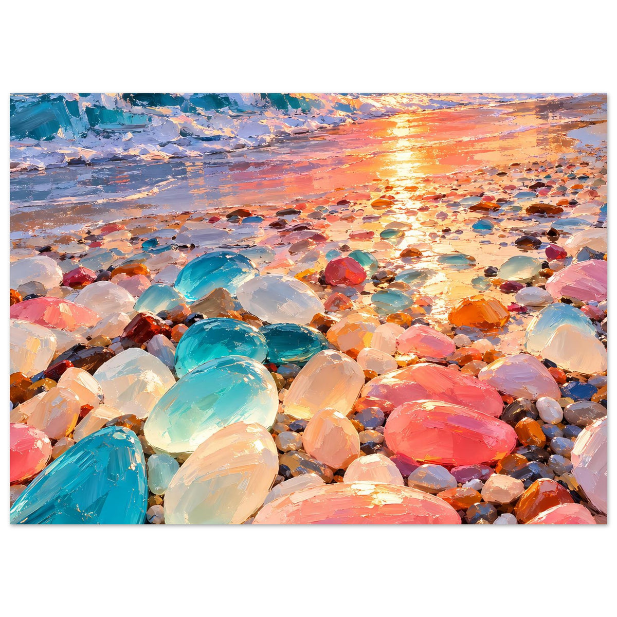 Wandposter mit Sonnenuntergangsstrand und bunten Glassteinen, horizontale Ansicht