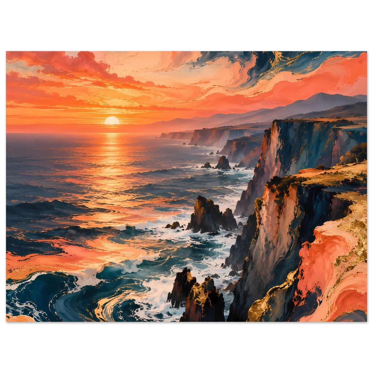 Querformat-Poster: Steile Küstenklippen im Sonnenuntergang mit leuchtendem Himmel und Wellen
