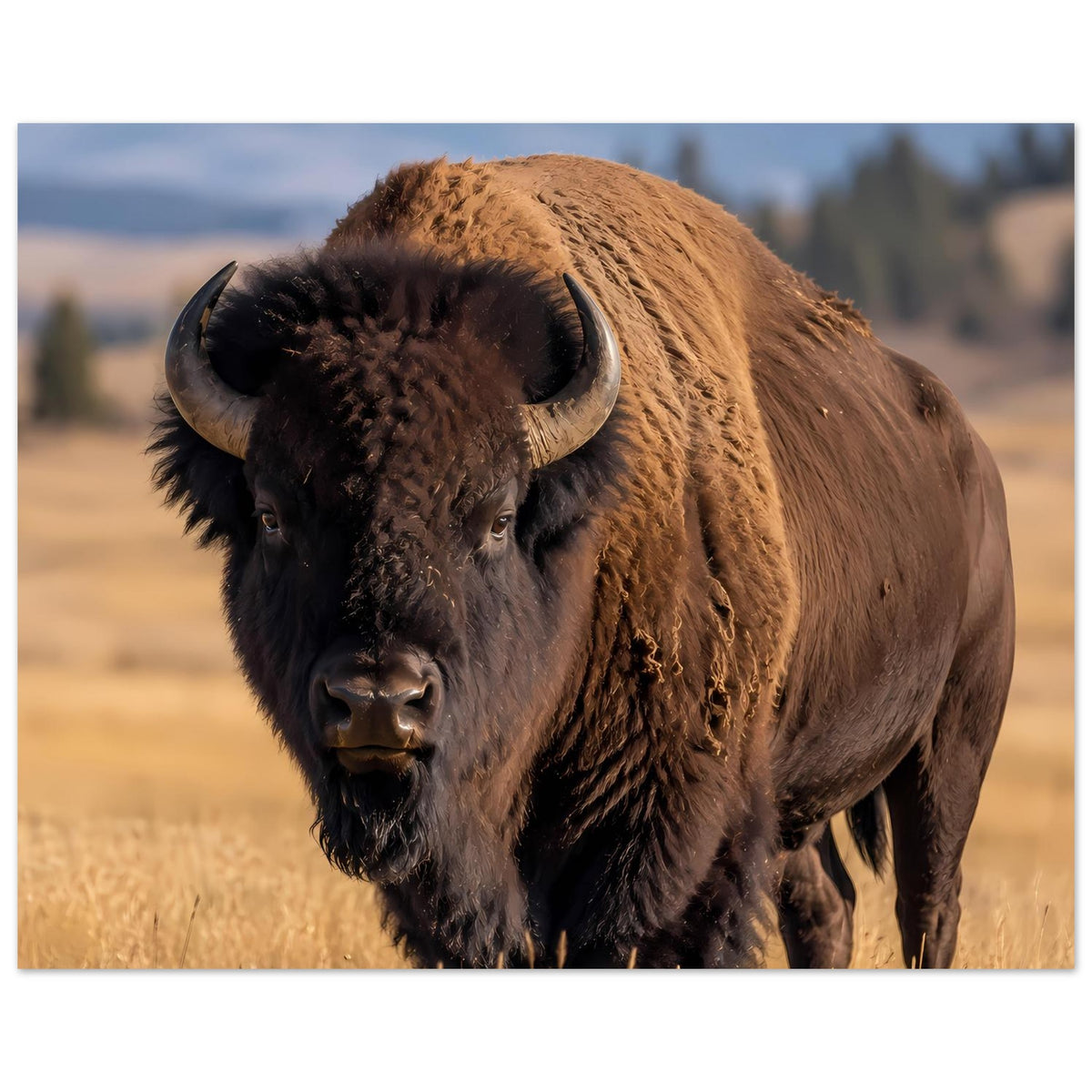Bison-Wildtierposter, großes Tier im Nahbereich: Blick nach vorn, braun-schwarzes Fell