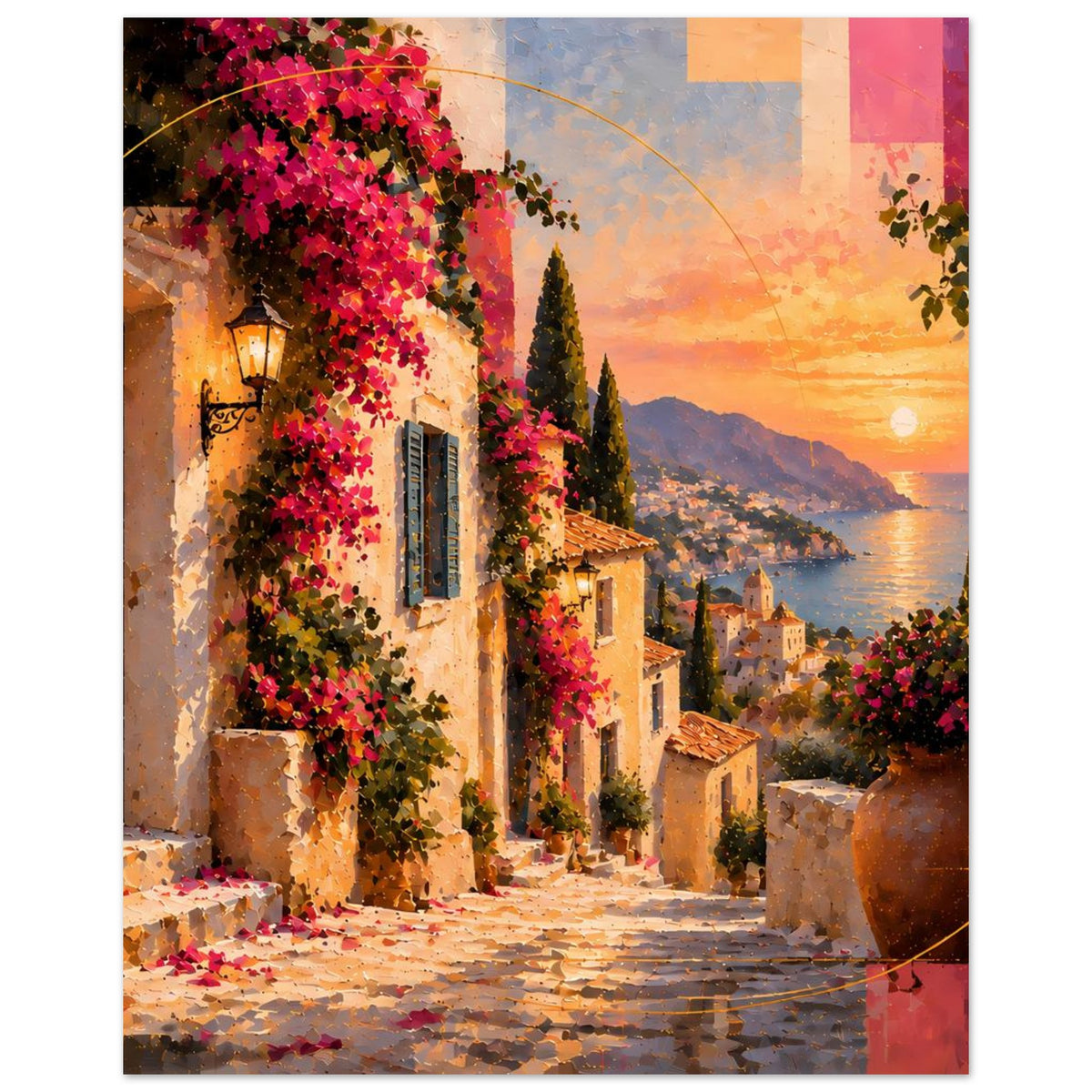 Poster mit mediterraner Straße, pinken Blütenbäumen und Sonnenuntergang an der Bucht, matt
