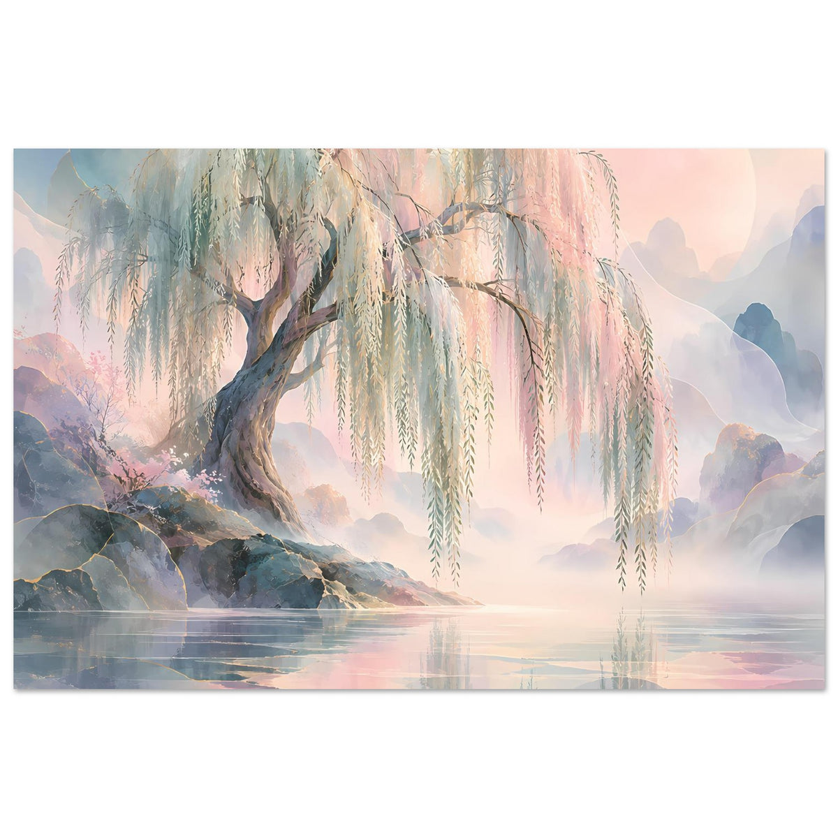 Naturposter mit Trauerweide und spiegelndem See, hängende Zweige in Pastelltönen