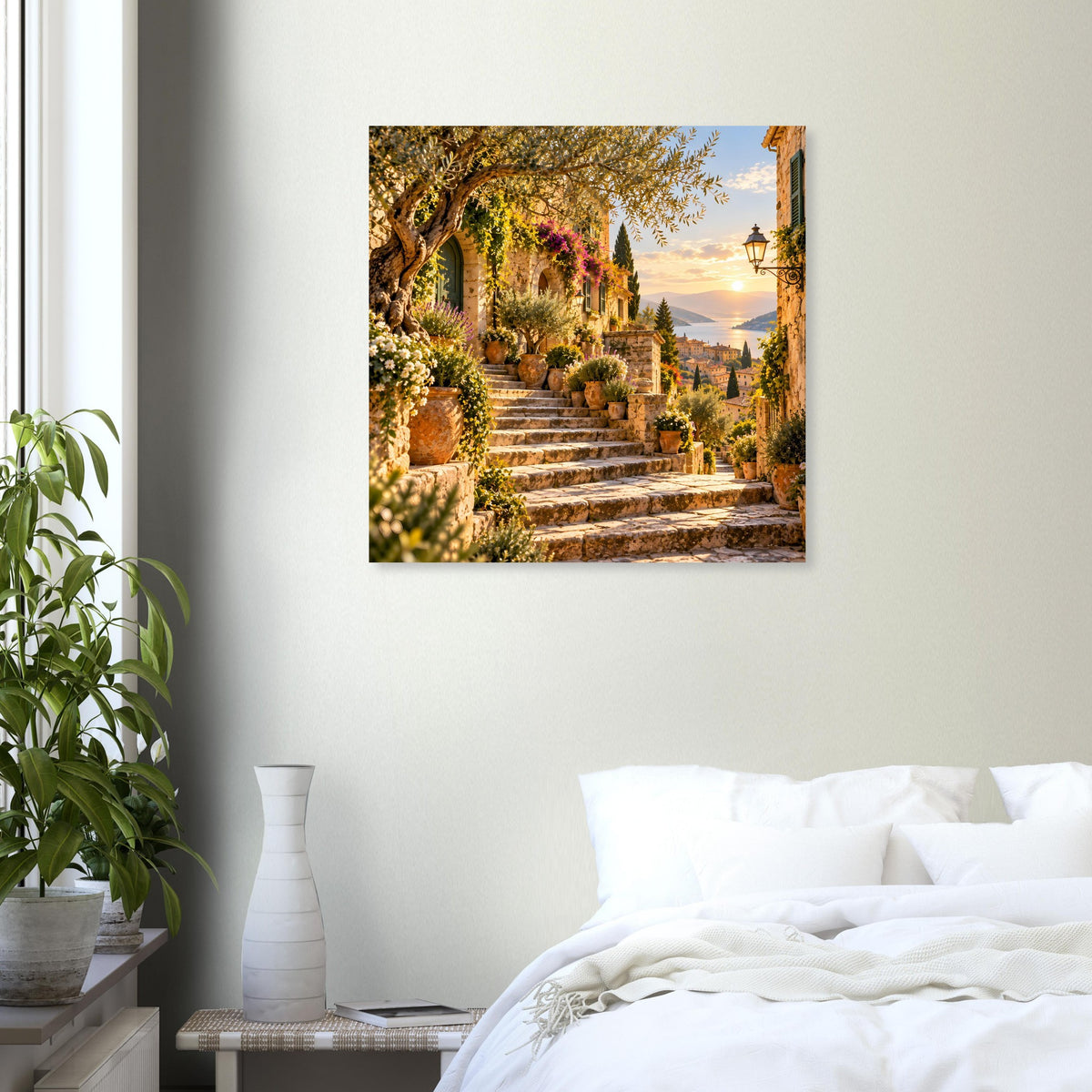 Sonnenuntergangs-Poster mit Treppenweg und mediterraner Landschaft, quadratisch
