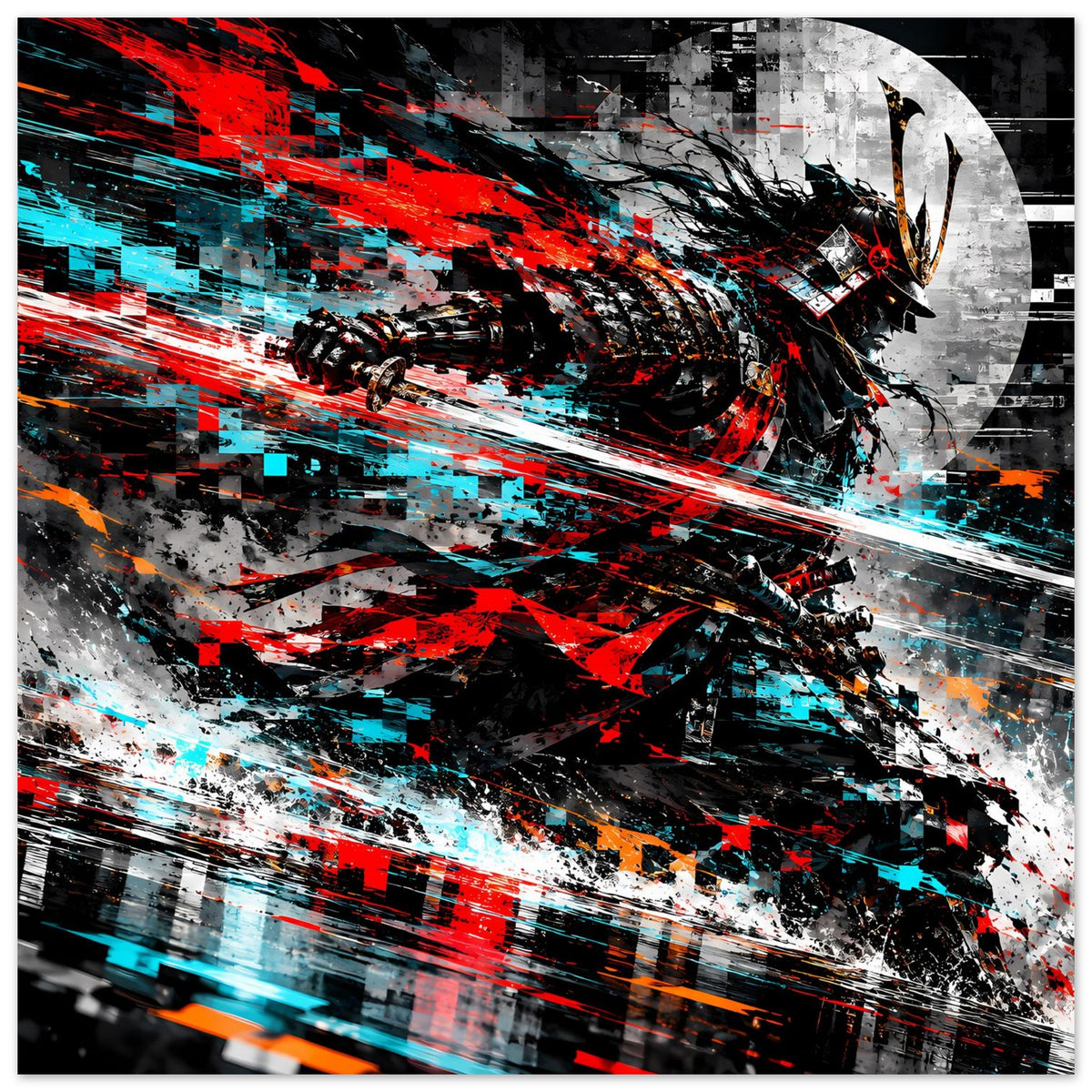 Nahansicht des Action-Posters: Samurai-Kopf und Klinge, Rot- und Cyanstreifen, Querformat