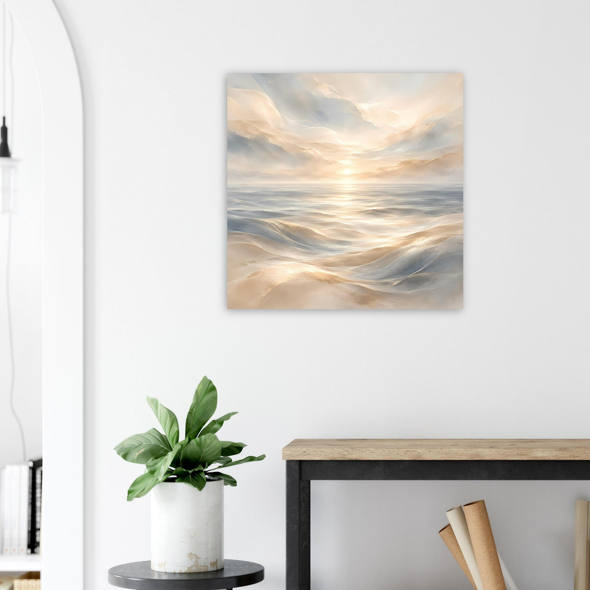 Quadratisches Poster mit Himmel über Meereswellen und warmem Sonnenaufgang