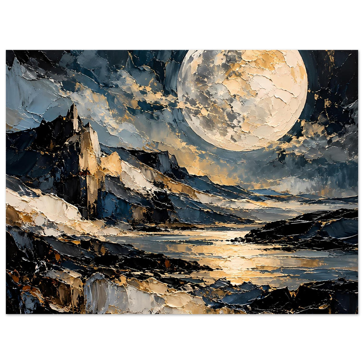 Mondschein-Poster im Querformat: goldener Vollmond über Felsenküste und See bei Nacht