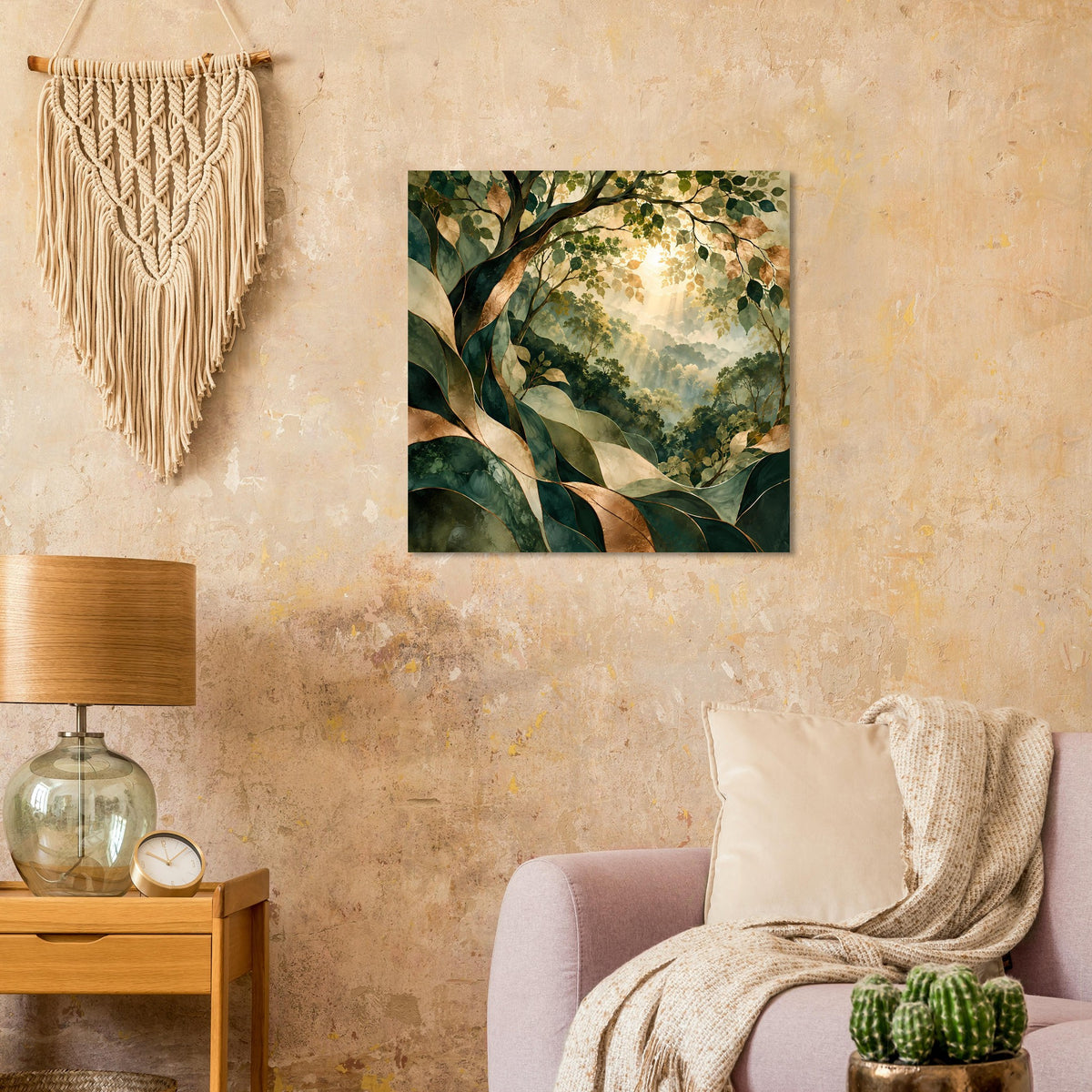 Quadratisches Natur-Poster mit grünen Blättern und warmem Licht durch den Wald