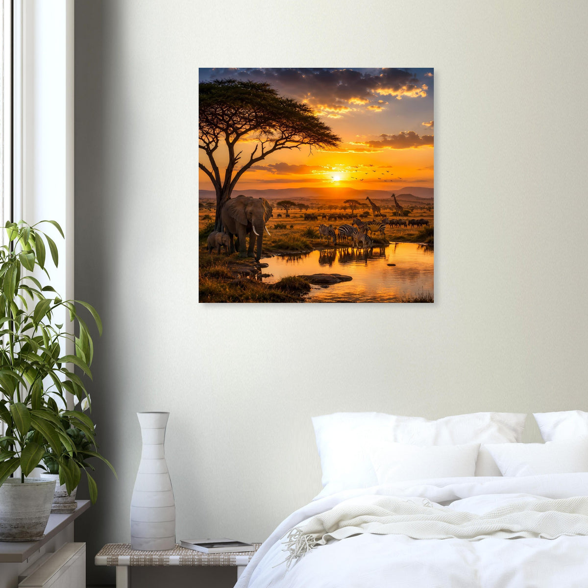 Savannen-Poster mit Elefanten am Wasserloch und orangefarbenem Sonnenaufgang