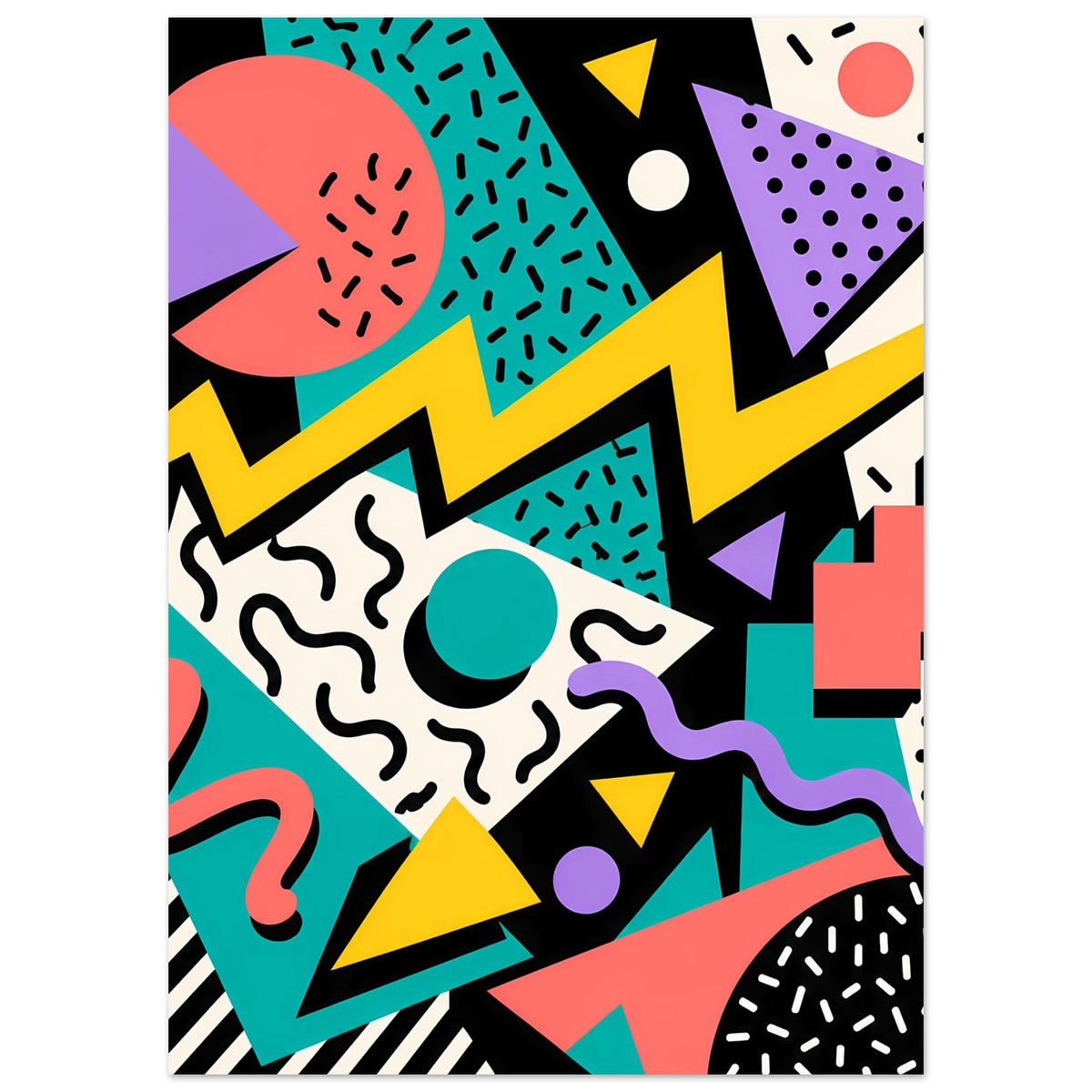 Abstraktes Poster im Memphis-Look mit leuchtenden Farben, geometrischen Symbolen und Punkten
