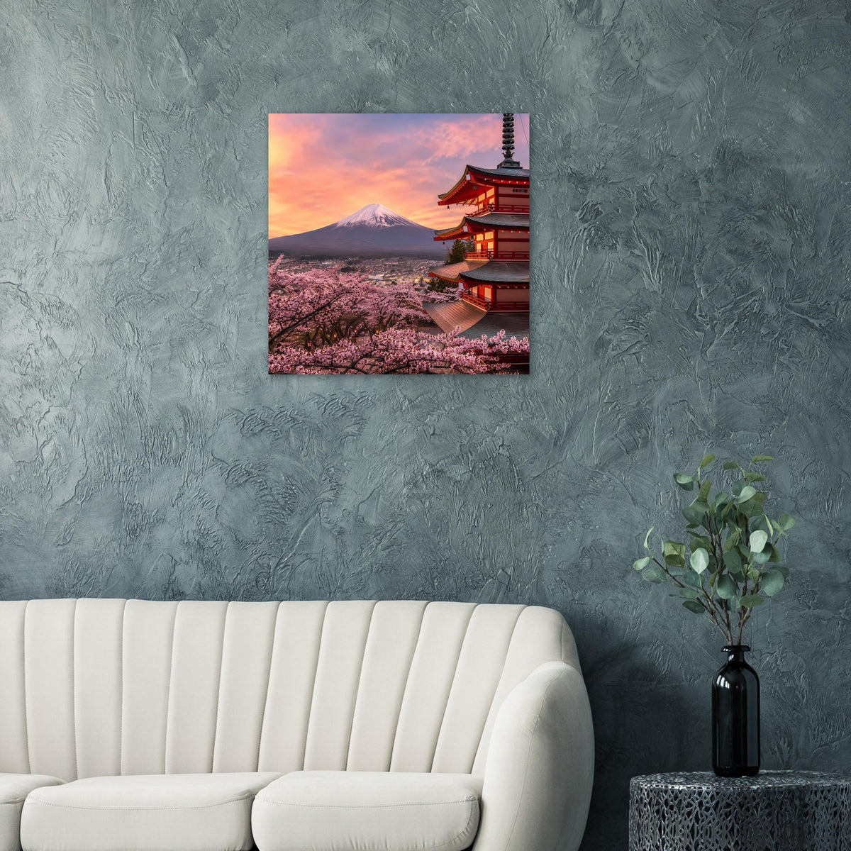 Wandposter mit Kirschblütenlandschaft, Fuji im Sonnenaufgang und roter Pagode