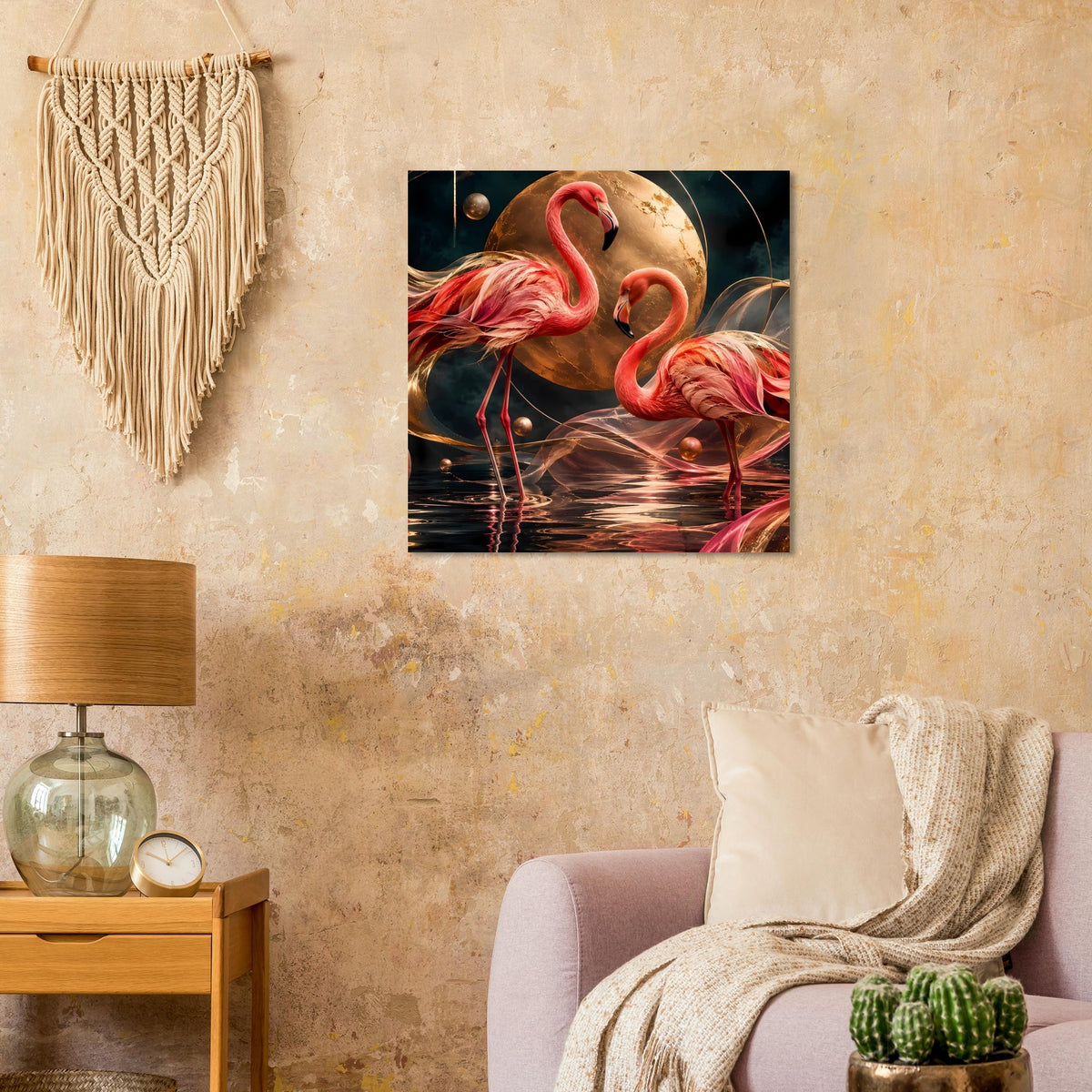 Kunstposter mit zwei rosa Flamingos vor goldener Mondkugel und Spiegelung im Wasser