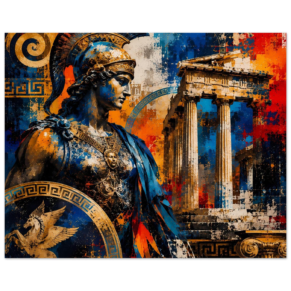 Poster mit griechischem Krieger und Tempelsäulen, blau-goldener Helm und dorische Details