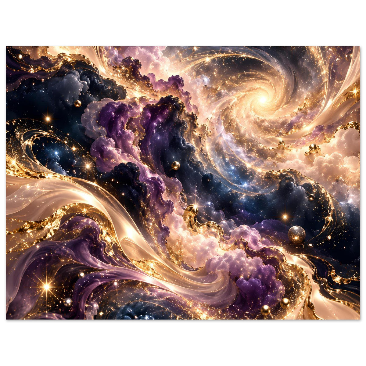 Premium-Kunstdruck, horizontal: goldener Spiralwirbel, violette Nebel und helle Sterne