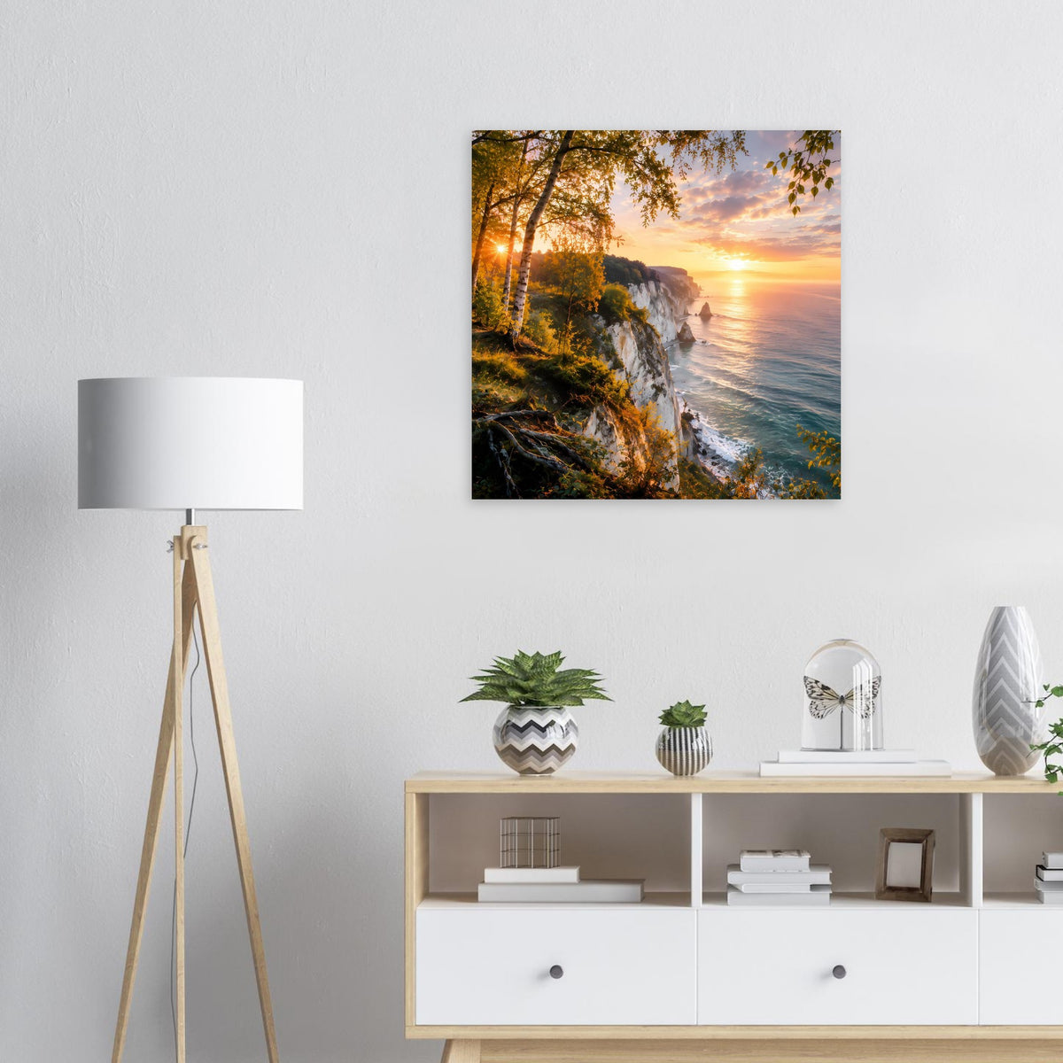 Wandposter mit Küstenlandschaft bei Sonnenuntergang, Felsen, Meer und Abendhimmel