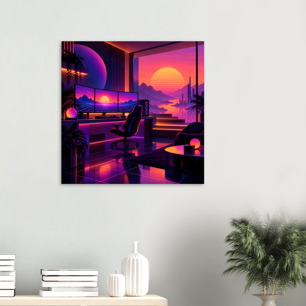 Neon-Retro-Poster in kleinem Format: futuristische Terrasse, Sonnenkreis und Berge