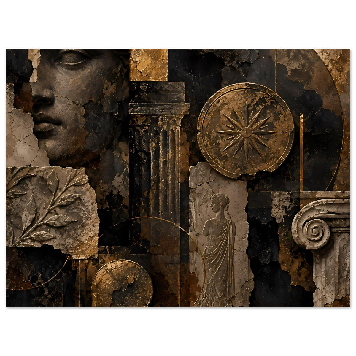 Wandposter Nahansicht: Büste, kreisförmige Scheibe, Säule, Statue und Blatt in Bronze/Schwarz