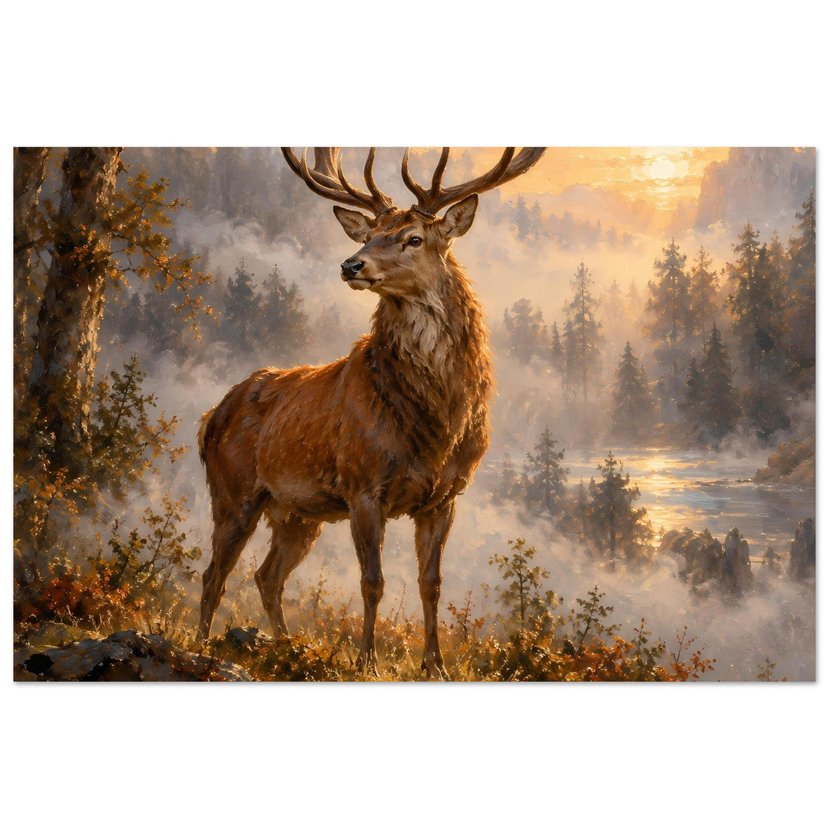 Poster: Hirsch im Vordergrund mit Geweih, braunes Fell, vor dunstigem Wald bei Sonnenlicht