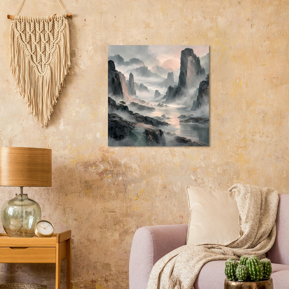 Poster mit Bergsilhouetten und Nebel, weichem Himmel und Pastellfarben