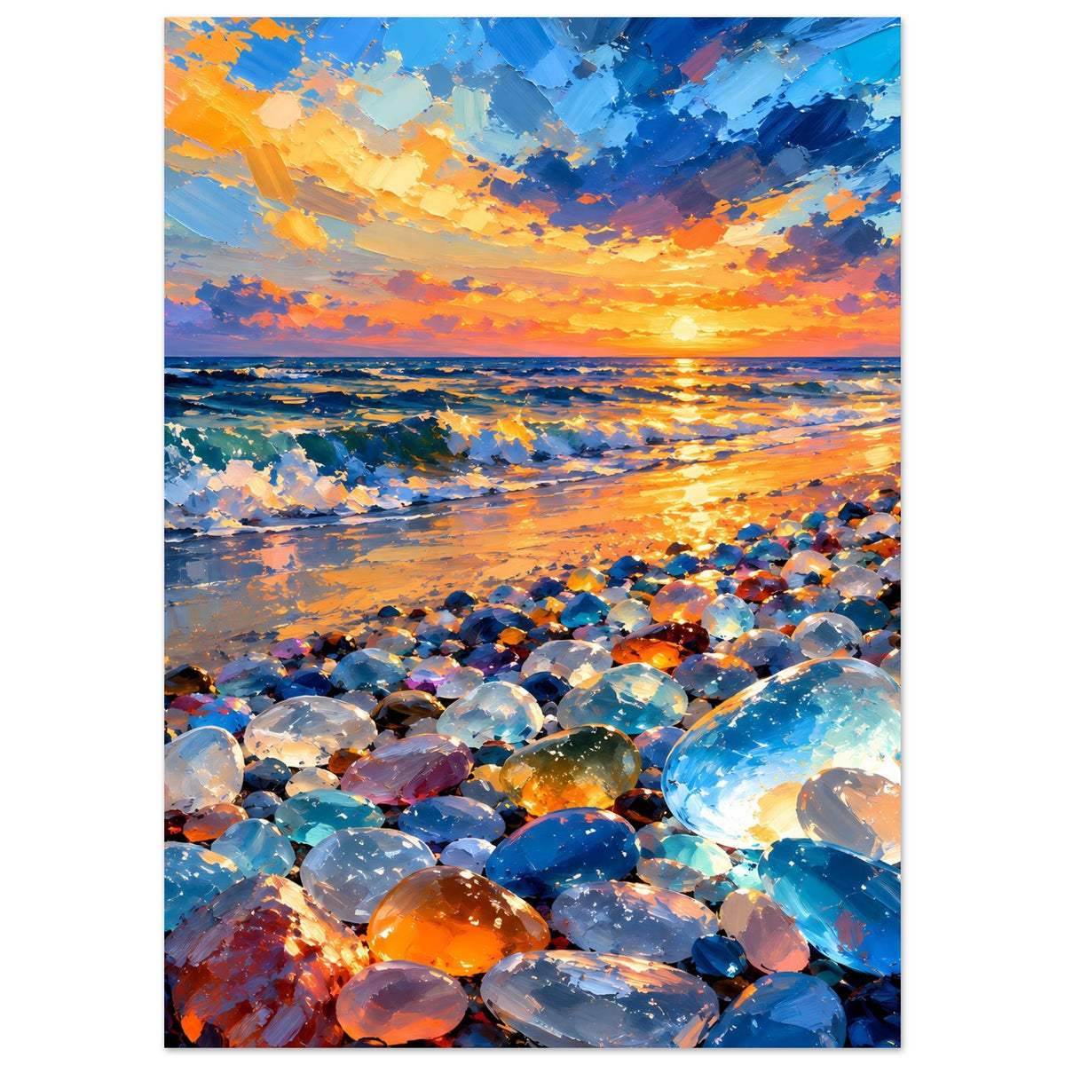 Vertikales Poster: bunte Edelstein-Kiesel im Vordergrund, Sonnenuntergang über dem Meer
