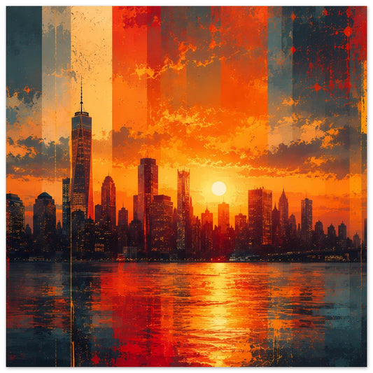Querformat-Poster mit City-Skyline bei Sonnenuntergang, orange-rot, Spiegelung im Wasser