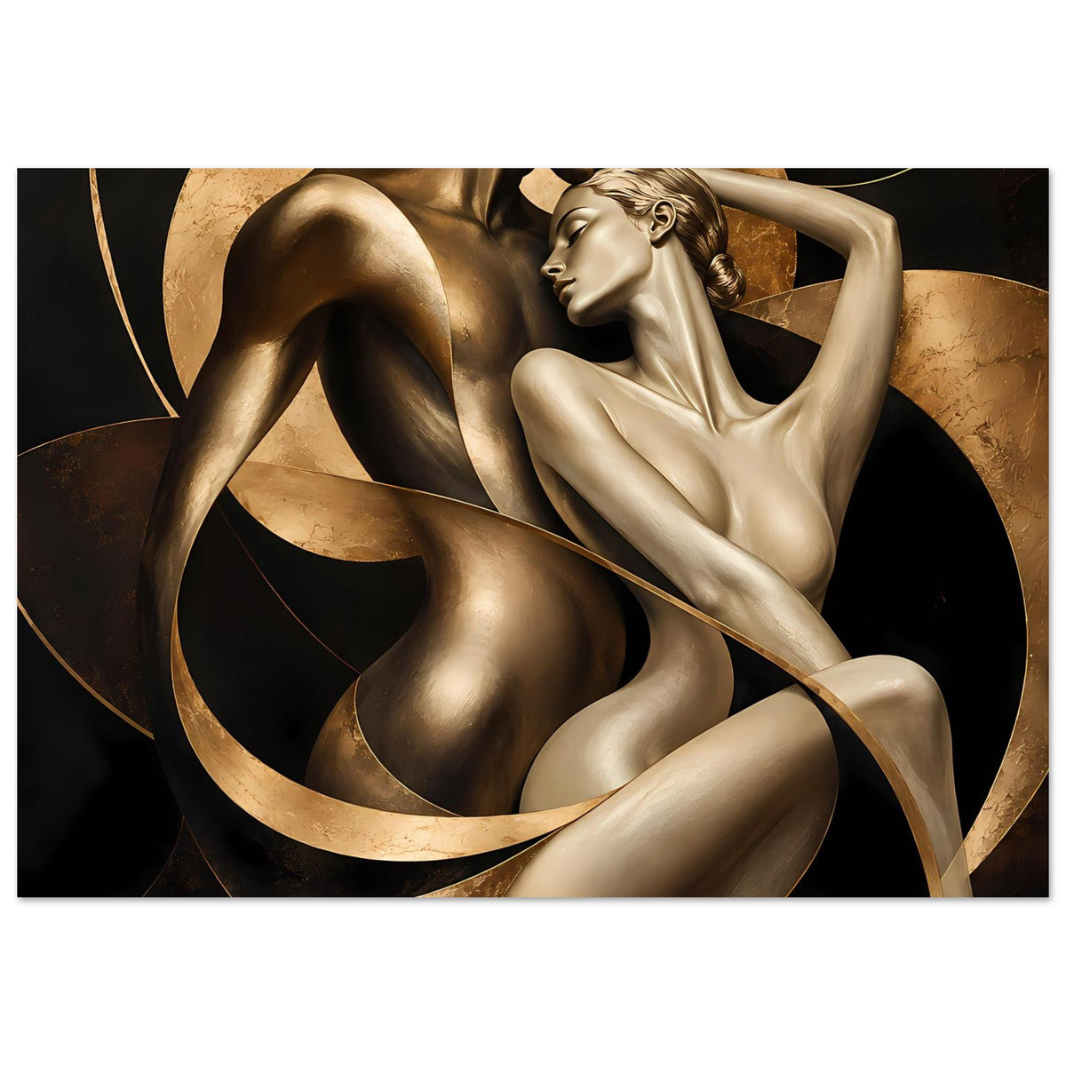 Kunstposter mit goldbronzenen Figuren und abstrakten Kreisformen, Schwerpunkt auf Körpern