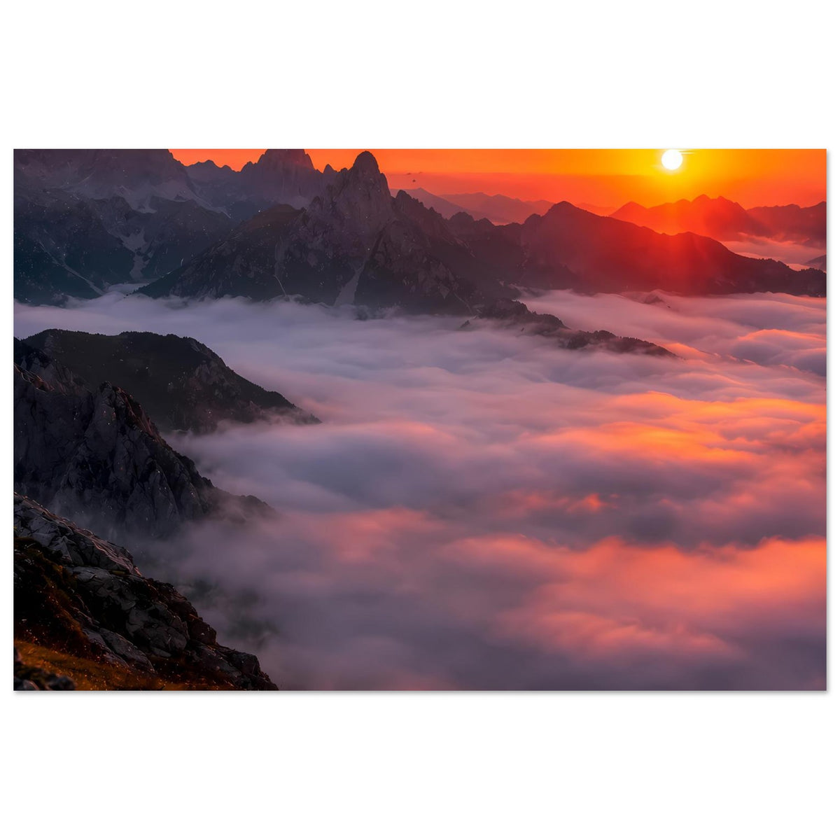 Poster im Querformat: Sonnenuntergang über hohen Bergen, Wolkenschichten in Rot- und Violetttönen