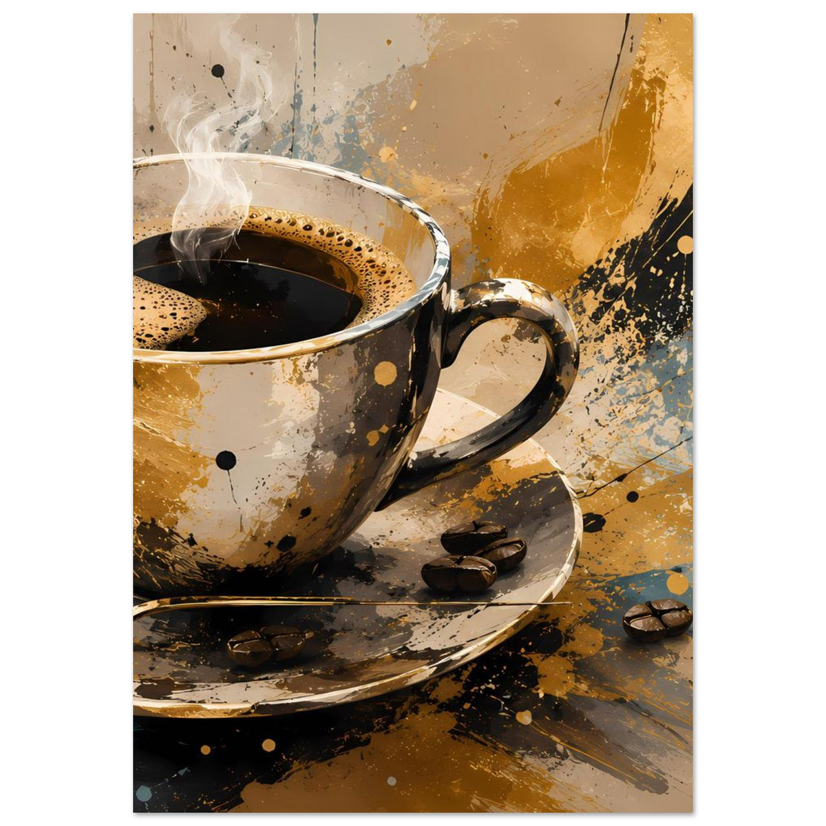 Kunstposter mit dampfender Kaffeetasse, Untertasse und Kaffeebohnen vor abstraktem Spritzhintergrund