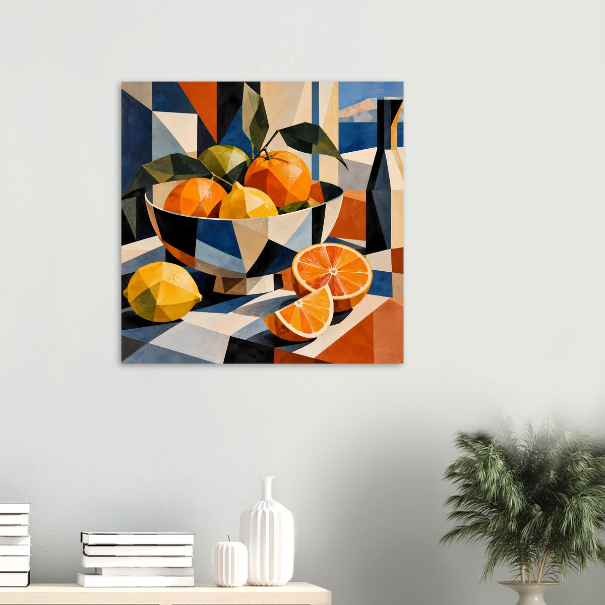 Kubistisches Poster im kleinen Format: Obstschale mit Orangen, Orangenscheiben rechts, grüne Blätter