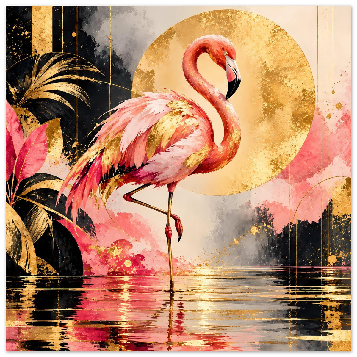 Flamingo-Tierposter: rosa Flamingo vor goldener Sonne, bunte Sprenkel und Wasserreflexe