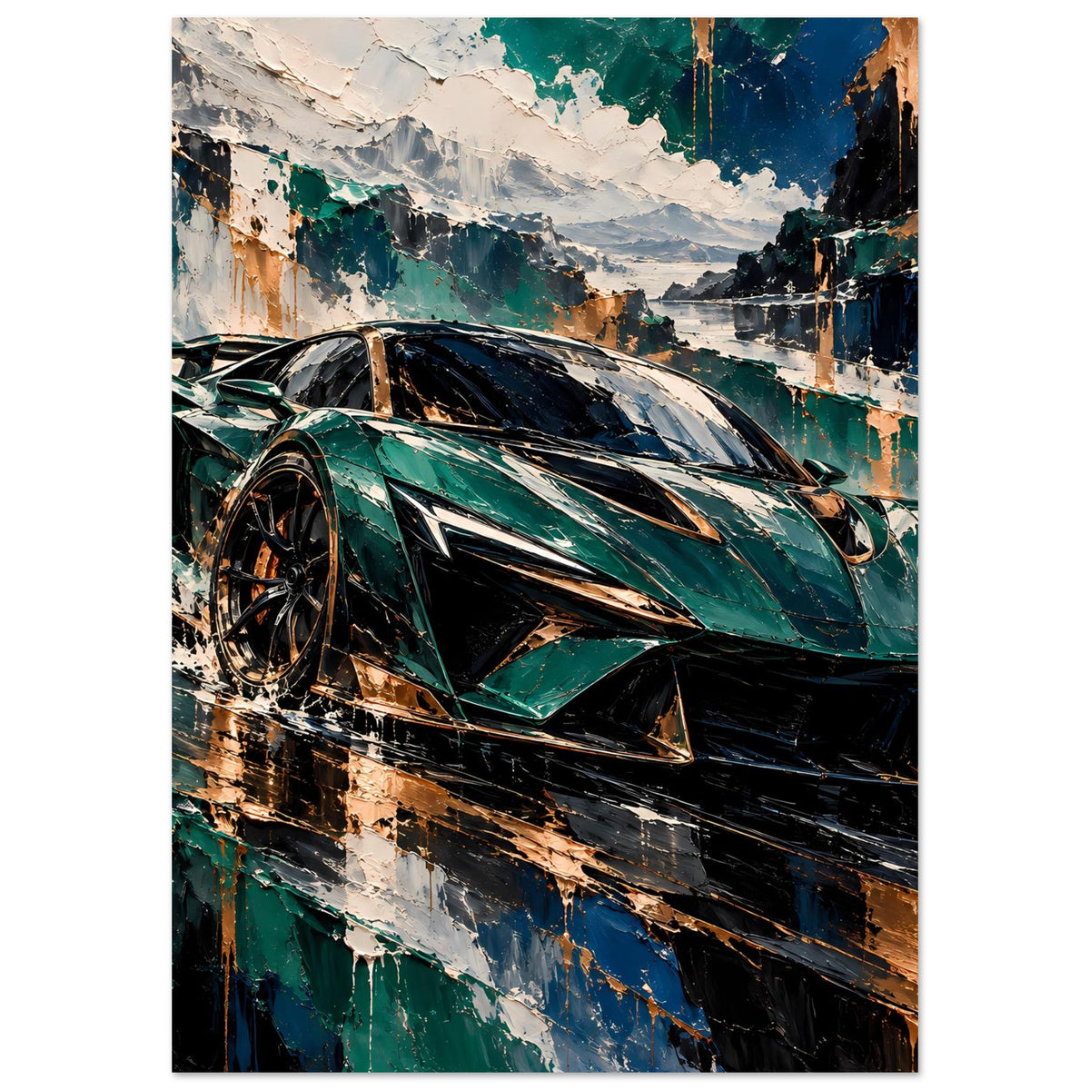Hochformatiges Sportwagen-Poster mit Smaragdgrünen Linien am schwarzen Supercar, Kupferakzenten