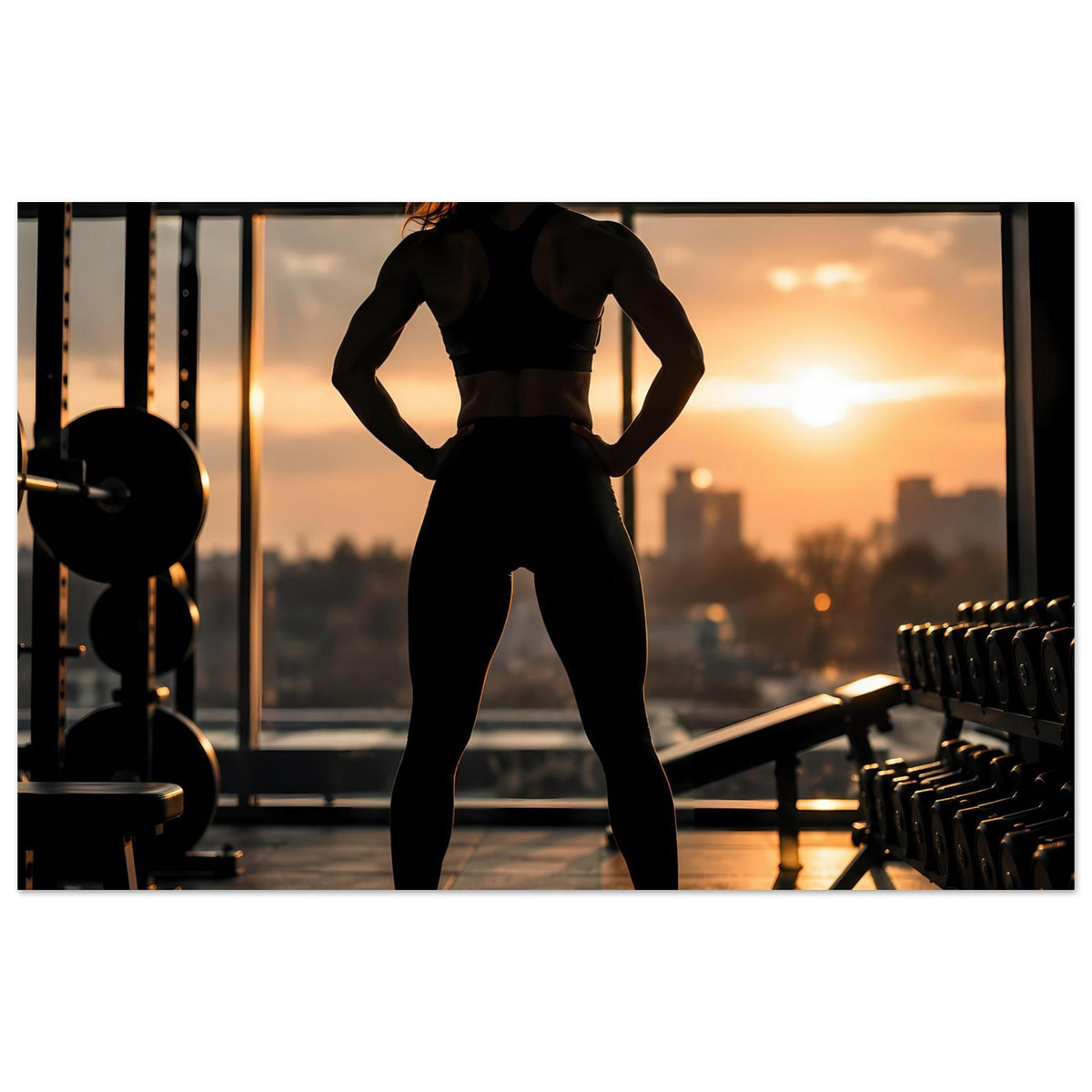 Fitness-Poster mit Silhouette einer Sportlerin in schwarzer Trainingskleidung, Ganzkörper