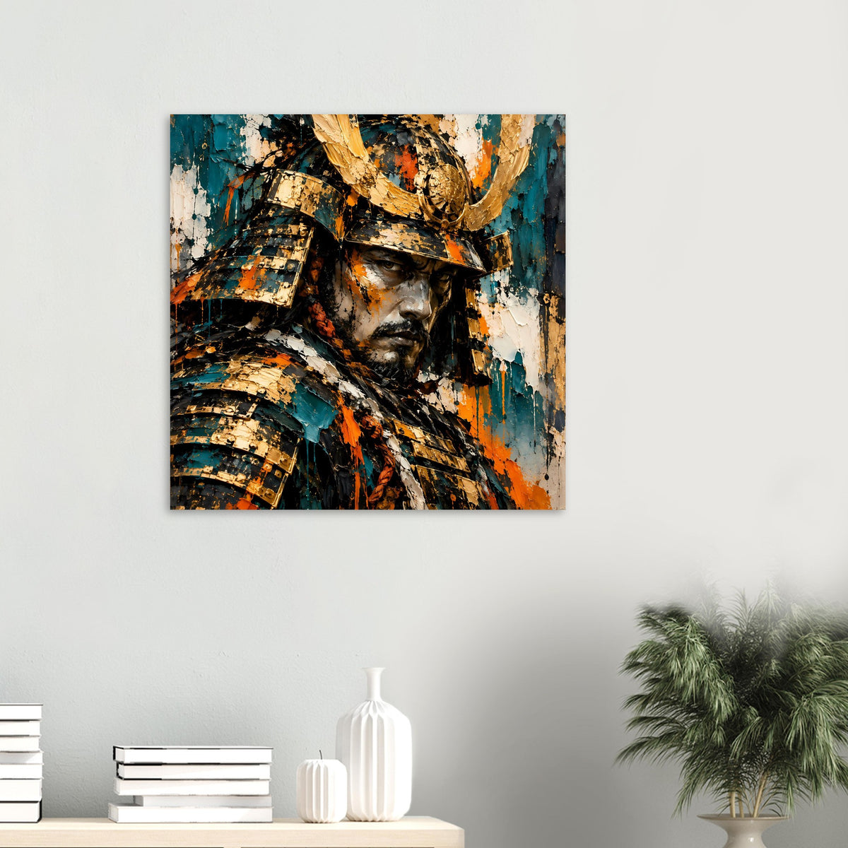 Kleines Poster: Samurai-Krieger mit Helm, goldene Akzente, Türkis und Orange