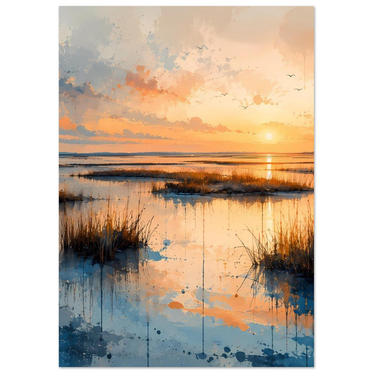 Poster mit Sonnenuntergang über ruhiger Küste, warmen Wolken, Reflexion im Wasser