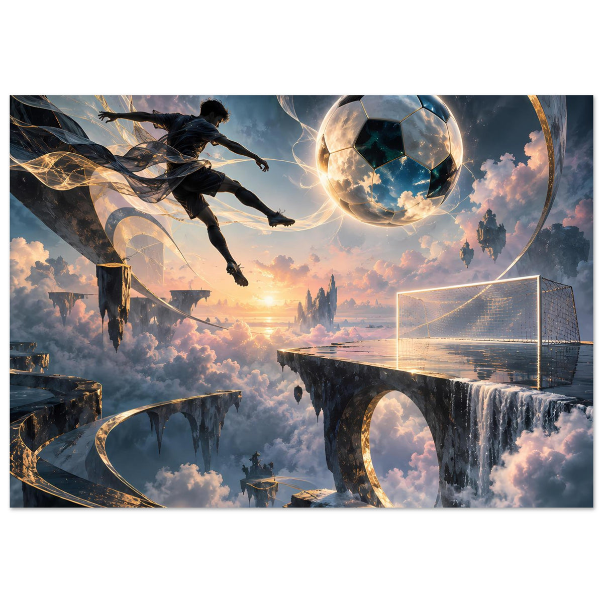 Poster mit schwebendem Fußballspieler, leuchtendem Ball und futuristischem Tor im Himmel
