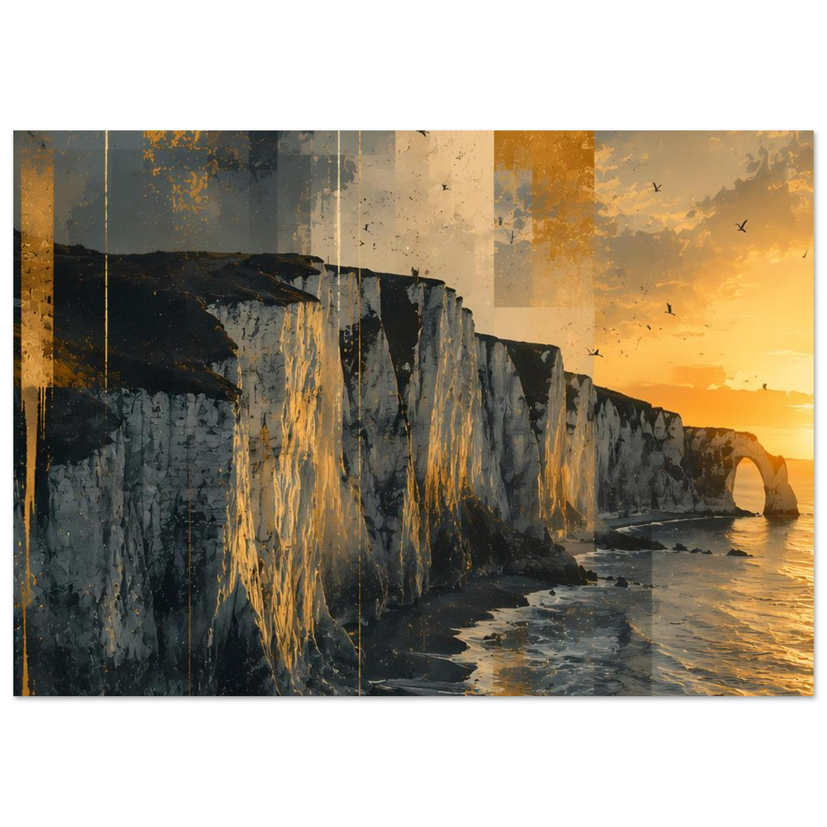 Poster mit Küstenklippen und Sonnenuntergang, Wasserlinie mit Lichtstreifen und Felsbogen