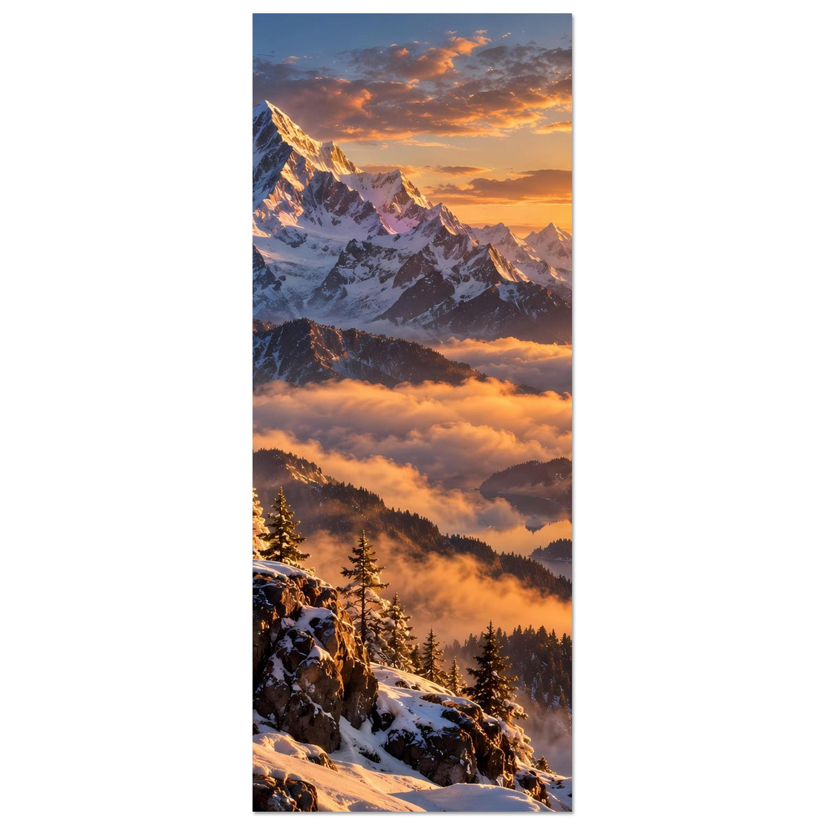 Vertikales Poster mit Alpenblick, schneebedeckten Gipfeln, Sonnenaufgang über Wolken