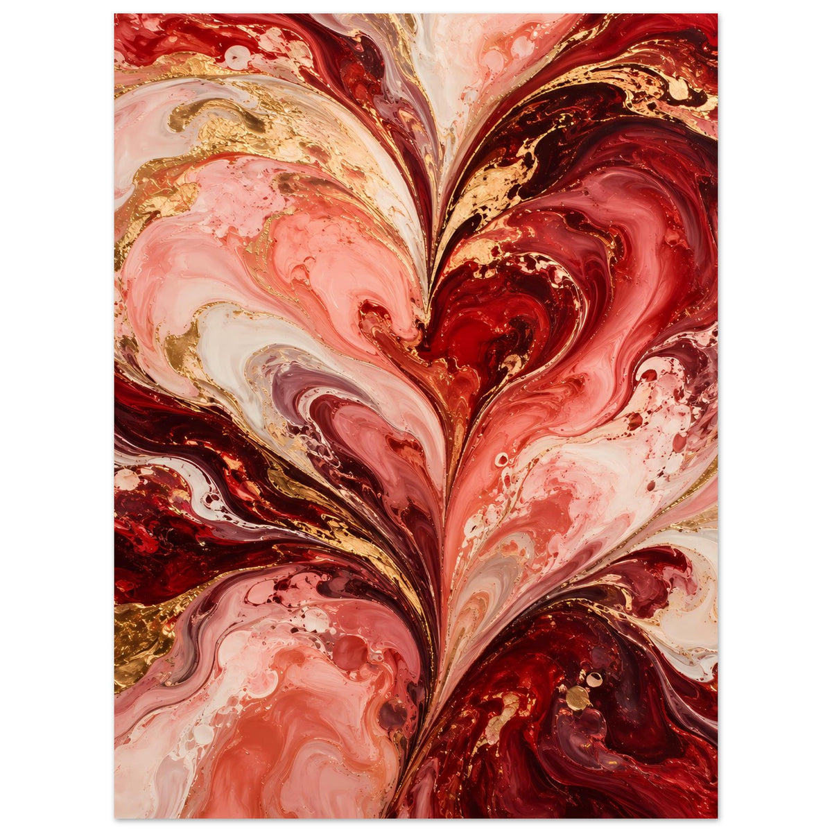 Liebesposter mit zentriertem abstraktem Herz in Rot, Rosa und Gold, geschwungene Muster