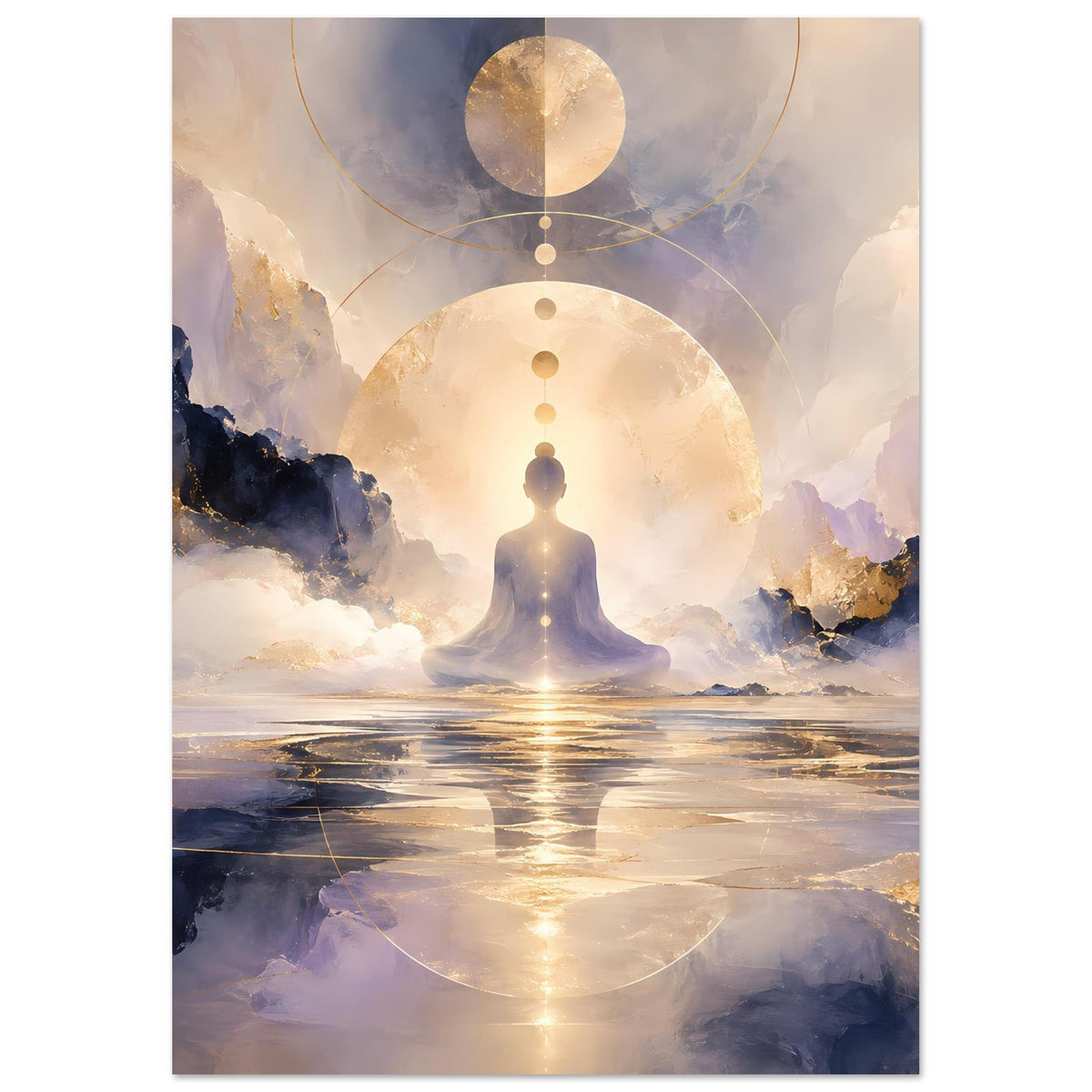 Poster im Hochformat mit goldener Kreisform, meditierender Figur und leuchtendem Horizont