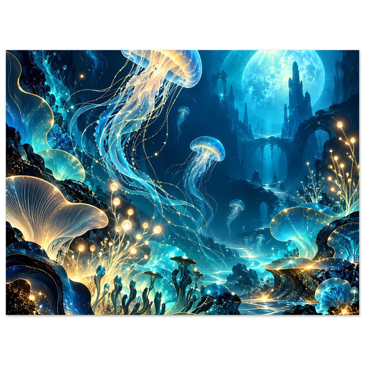 Unterwasserwelt-Poster, Nahansicht: Korallen, leuchtende Quallen und goldene Funken am Rand