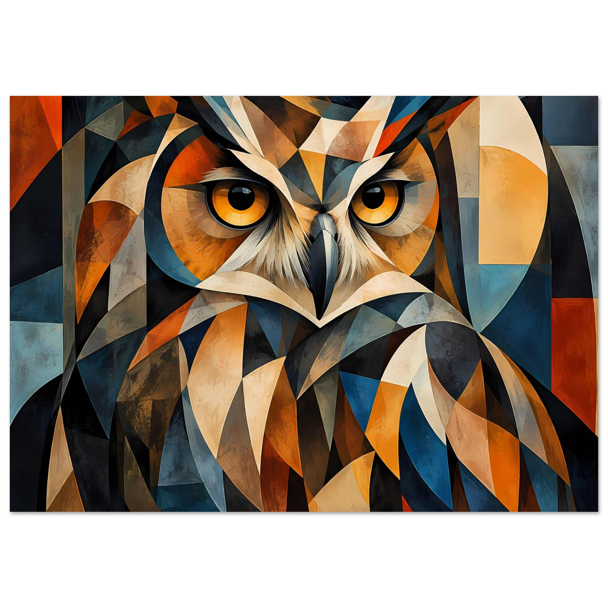 Geometrisches Eulenposter mit buntem Tiermotiv: orange, blau, creme und schwarze Dreiecke
